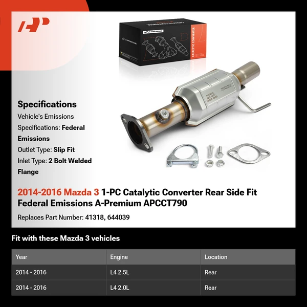2014-2016 Mazda 3 1-PC Catalytic Converter Rear Side Fit Federal Emissions A-Premium APCCT790
