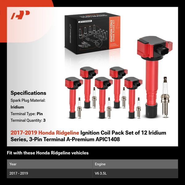 2017-2019 Honda Ridgeline Ignition Coil Pack Set of 12 Iridium Series, 3-Pin Terminal A-Premium APIC1408