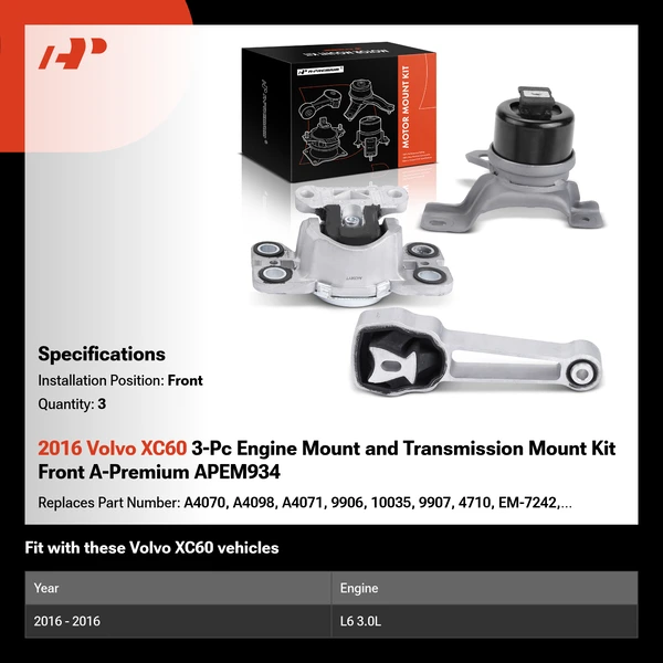 2016 Volvo XC60 3-Pc Engine Mount and Transmission Mount Kit Front A-Premium APEM934