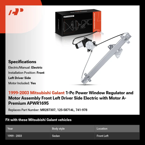 1999-2003 Mitsubishi Galant 1-Pc Power Window Regulator and Motor Assembly Front Left Driver Side Electric with Motor A-Premium APWR1695