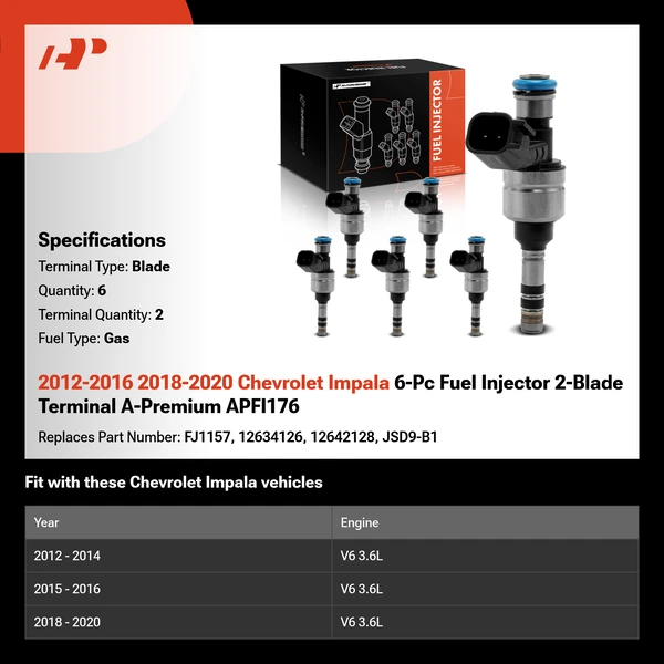 2012-2016 2018-2020 Chevrolet Impala 6-Pc Fuel Injector 2-Blade Terminal A-Premium APFI176