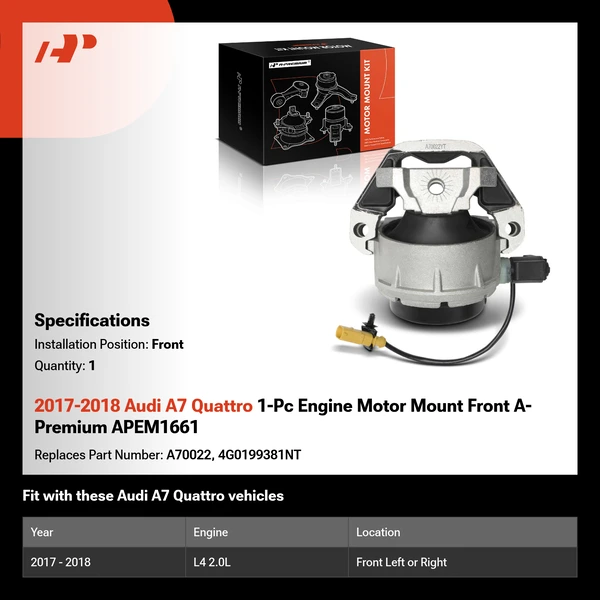 2017-2018 Audi A7 Quattro 1-Pc Engine Motor Mount Front A-Premium APEM1661