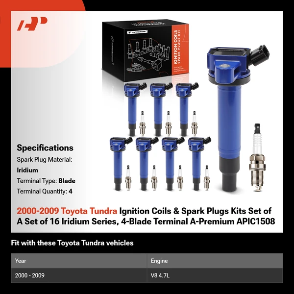 2000-2009 Toyota Tundra Ignition Coils & Spark Plugs Kits Set of A Set of 16 Iridium Series, 4-Blade Terminal A-Premium APIC1508
