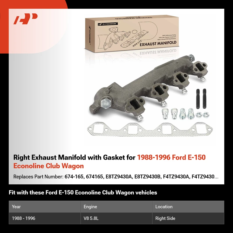 Right Exhaust Manifold with Gasket for 1988-1996 Ford E-150 Econoline Club Wagon
