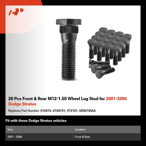 20 Pcs Front & Rear M12-1.50 Wheel Lug Stud for 2001-2006 Dodge Stratus