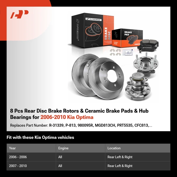 8 Pcs Rear Disc Brake Rotors & Ceramic Brake Pads & Hub Bearings for 2006-2010 Kia Optima