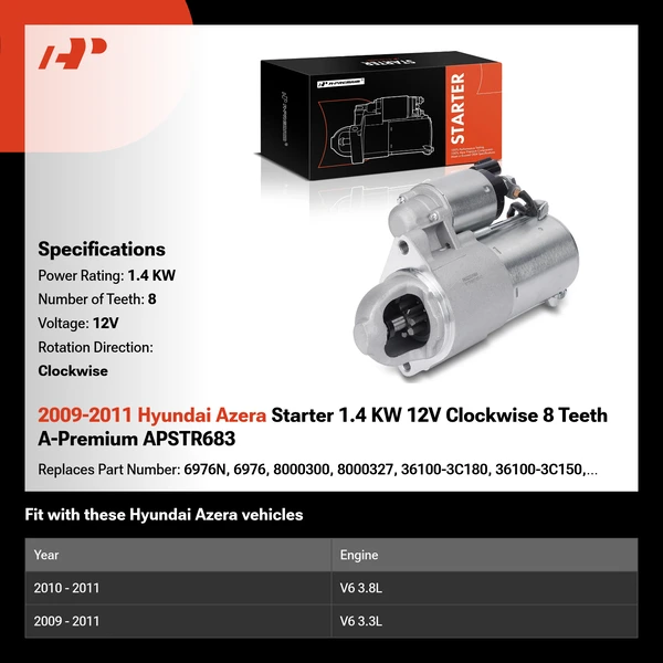 2009-2011 Hyundai Azera Starter 1.4 KW 12V Clockwise 8 Teeth A-Premium APSTR683