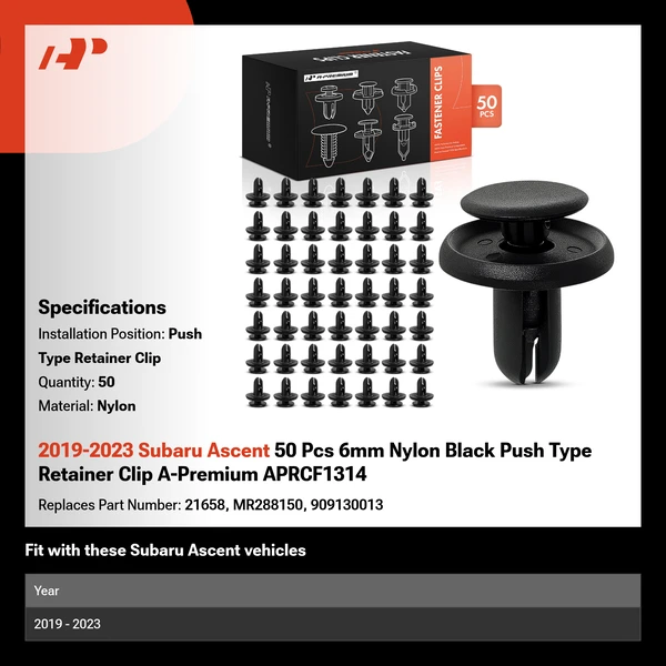 2019-2023 Subaru Ascent 50 Pcs 6mm Nylon Black Push Type Retainer Clip A-Premium APRCF1314