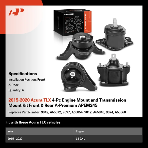 2015-2020 Acura TLX 4-Pc Engine Mount and Transmission Mount Kit Front & Rear A-Premium APEM245