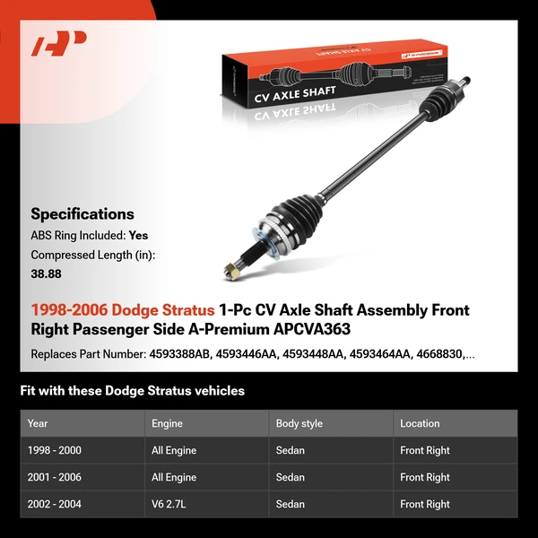 1998-2006 Dodge Stratus 1-Pc CV Axle Shaft Assembly Front Right Passenger Side A-Premium APCVA363