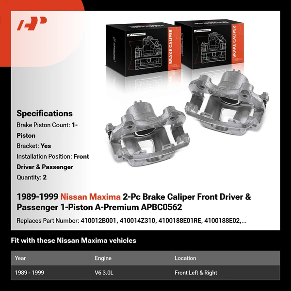 1989-1999 Nissan Maxima 2-Pc Brake Caliper Front Driver & Passenger 1-Piston A-Premium APBC0562