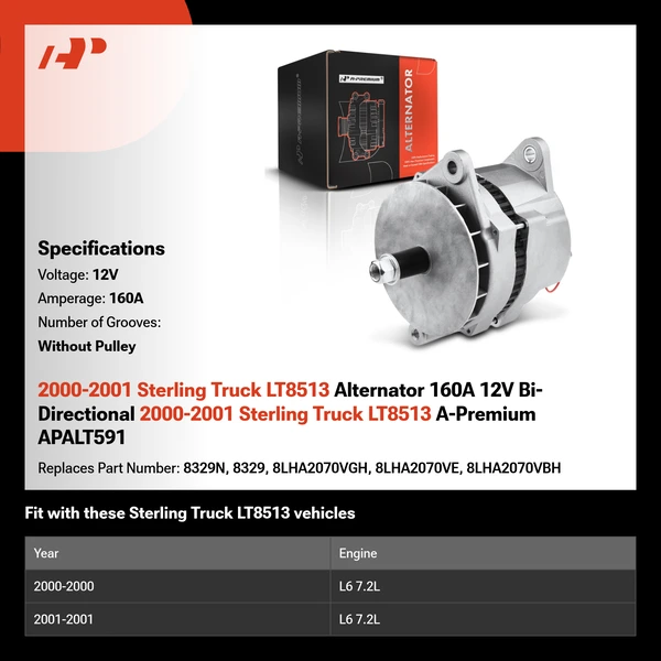 2000-2001 Sterling Truck LT8513 Alternator 160A 12V Bi-Directional 2000-2001 Sterling Truck LT8513 A-Premium APALT591