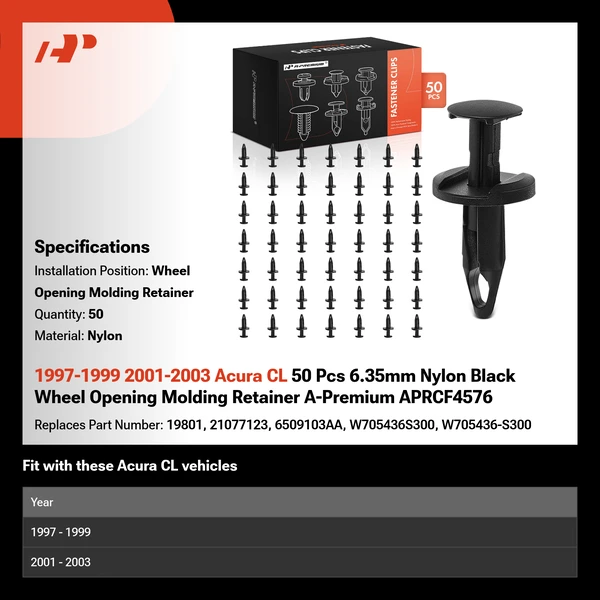 1997-1999 2001-2003 Acura CL 50 Pcs 6.35mm Nylon Black Wheel Opening Molding Retainer A-Premium APRCF4576