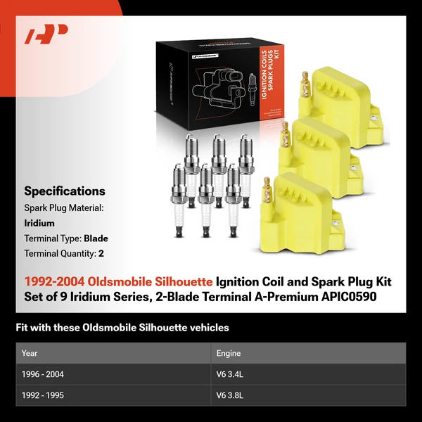 1992-2004 Oldsmobile Silhouette Ignition Coil and Spark Plug Kit Set of 9 Iridium Series, 2-Blade Terminal A-Premium APIC0590