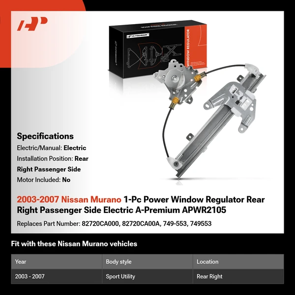 2003-2007 Nissan Murano 1-Pc Power Window Regulator Rear Right Passenger Side Electric A-Premium APWR2105
