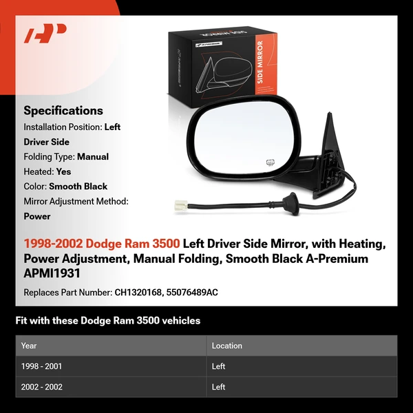 1998-2002 Dodge Ram 3500 Left Driver Side Mirror, with Heating, Power Adjustment, Manual Folding, Smooth Black A-Premium APMI1931