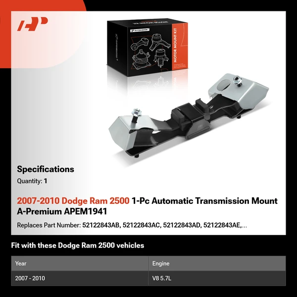 2007-2010 Dodge Ram 2500 1-Pc Automatic Transmission Mount A-Premium APEM1941