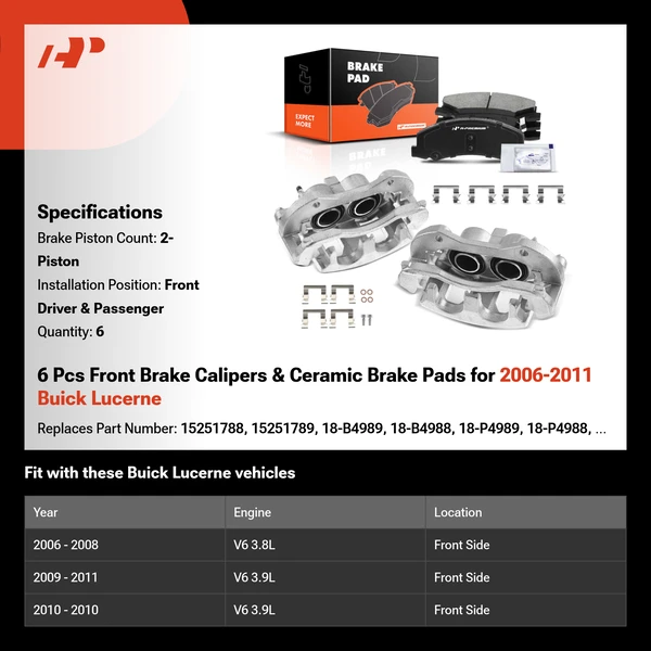 6 Pcs Front Brake Calipers & Ceramic Brake Pads for 2006-2011 Buick Lucerne