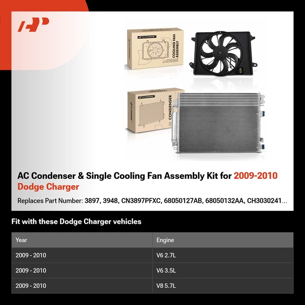 AC Condenser & Single Cooling Fan Assembly Kit for 2009-2010 Dodge Charger