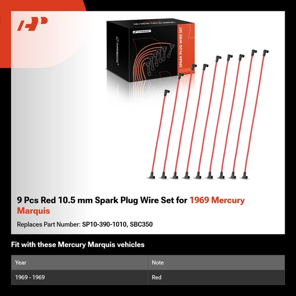 9 Pcs Red 10.5 mm Spark Plug Wire Set for 1969 Mercury Marquis