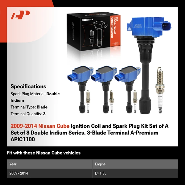 2009-2014 Nissan Cube Ignition Coil and Spark Plug Kit Set of A Set of 8 Double Iridium Series, 3-Blade Terminal A-Premium APIC1100