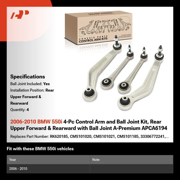 2006-2010 BMW 550i 4-Pc Control Arm and Ball Joint Kit, Rear Upper Forward & Rearward with Ball Joint A-Premium APCA6194