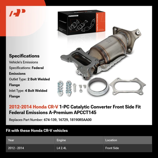2012-2014 Honda CR-V 1-PC Catalytic Converter Front Side Fit Federal Emissions A-Premium APCCT145
