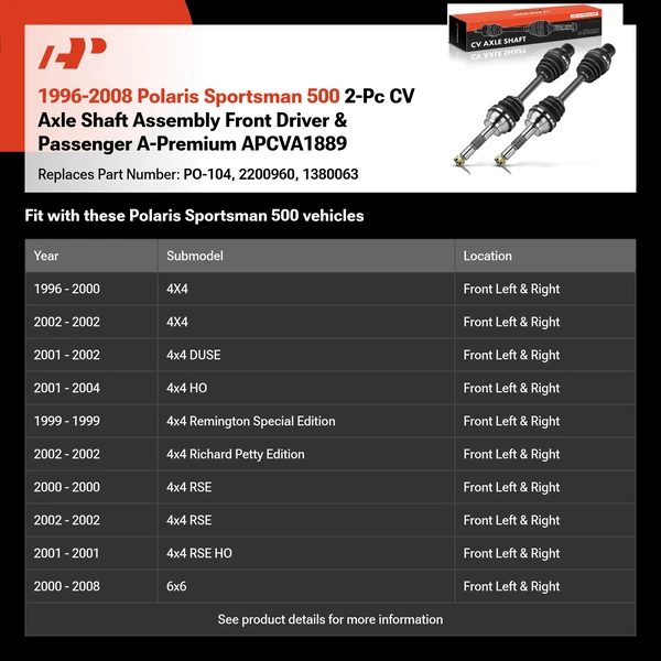 1996-2008 Polaris Sportsman 500 2-Pc CV Axle Shaft Assembly Front Driver & Passenger A-Premium APCVA1889