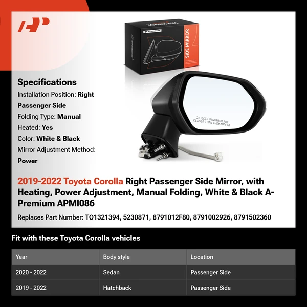 2019-2022 Toyota Corolla Right Passenger Side Mirror, with Heating, Power Adjustment, Manual Folding, White & Black A-Premium APMI086