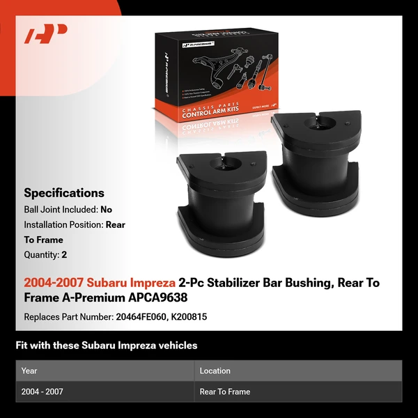 2004-2007 Subaru Impreza 2-Pc Stabilizer Bar Bushing, Rear To Frame A-Premium APCA9638