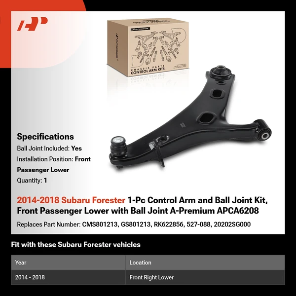 2014-2018 Subaru Forester 1-Pc Control Arm and Ball Joint Kit, Front Passenger Lower with Ball Joint A-Premium APCA6208