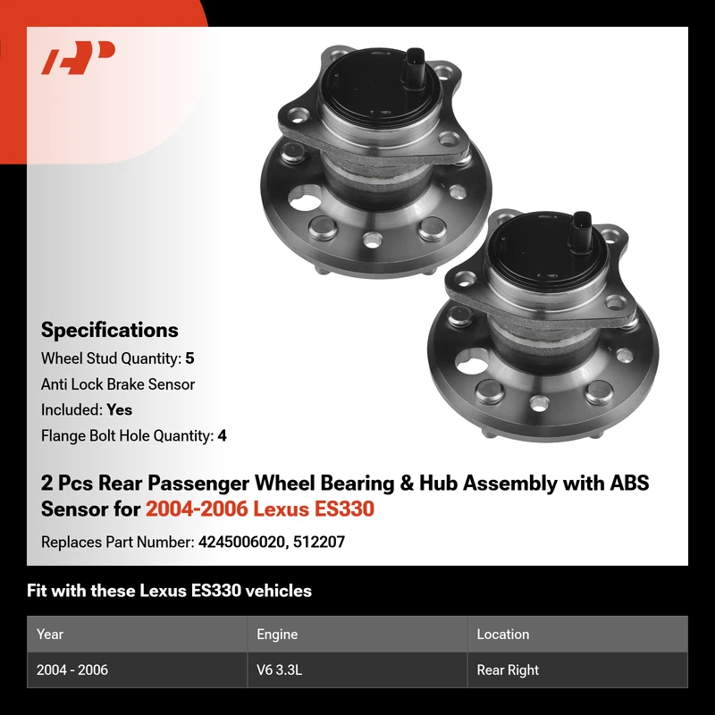 2 Pcs Rear Passenger Wheel Bearing & Hub Assembly with ABS Sensor for 2004-2006 Lexus ES330