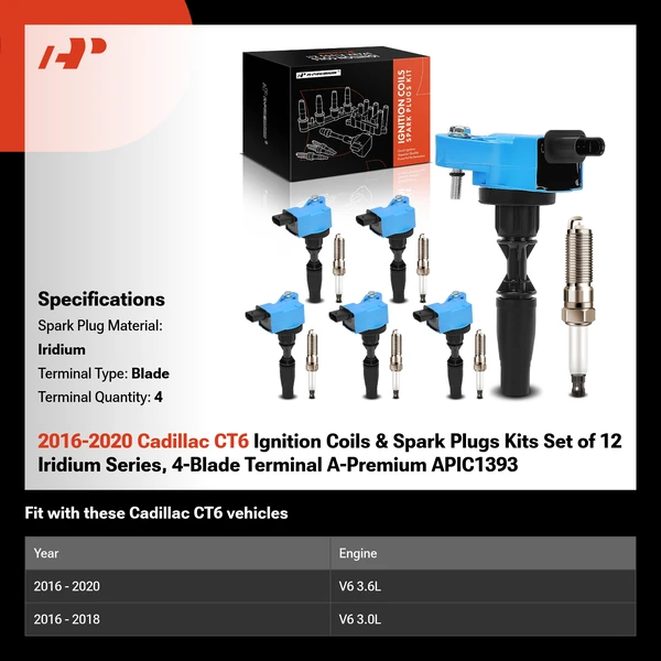 2016-2020 Cadillac CT6 Ignition Coils & Spark Plugs Kits Set of 12 Iridium Series, 4-Blade Terminal A-Premium APIC1393