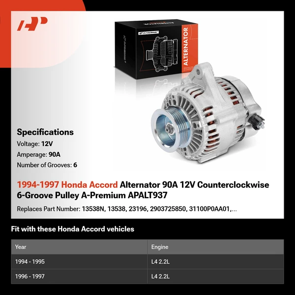 1994-1997 Honda Accord Alternator 90A 12V Counterclockwise 6-Groove Pulley A-Premium APALT937