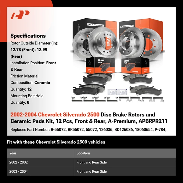 2002-2004 Chevrolet Silverado 2500 Disc Brake Rotors and Ceramic Pads Kit, 12 Pcs, Front & Rear, A-Premium, APBRPR211