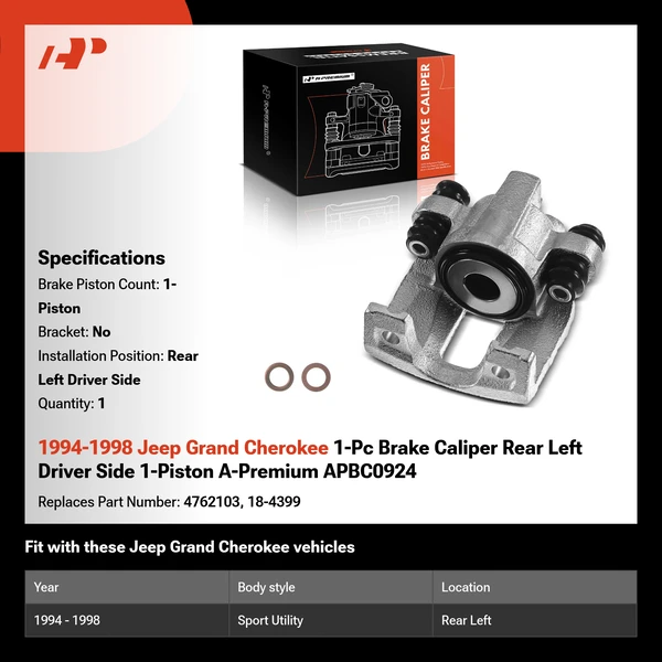 1994-1998 Jeep Grand Cherokee 1-Pc Brake Caliper Rear Left Driver Side 1-Piston A-Premium APBC0924