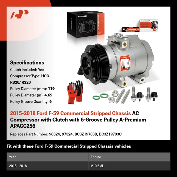 2015-2018 Ford F-59 Commercial Stripped Chassis AC Compressor with Clutch with 6-Groove Pulley A-Premium APACC256