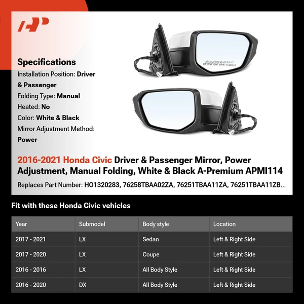 2016-2021 Honda Civic Driver & Passenger Mirror, Power Adjustment, Manual Folding, White & Black A-Premium APMI114