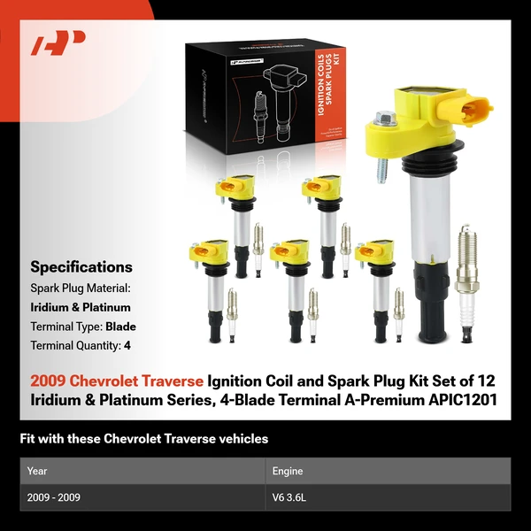 2009 Chevrolet Traverse Ignition Coil and Spark Plug Kit Set of 12 Iridium & Platinum Series, 4-Blade Terminal A-Premium APIC1201