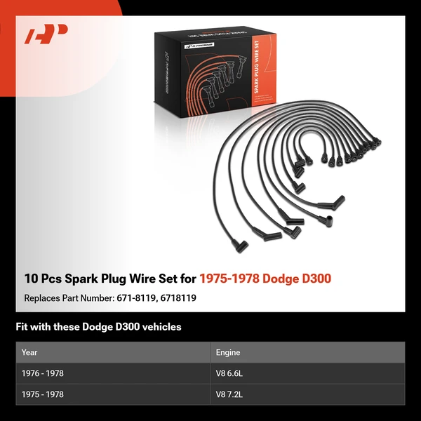 10 Pcs Spark Plug Wire Set for 1975-1978 Dodge D300