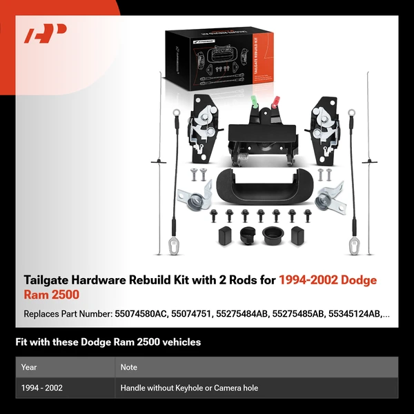 Tailgate Hardware Rebuild Kit with 2 Rods for 1994-2002 Dodge Ram 2500