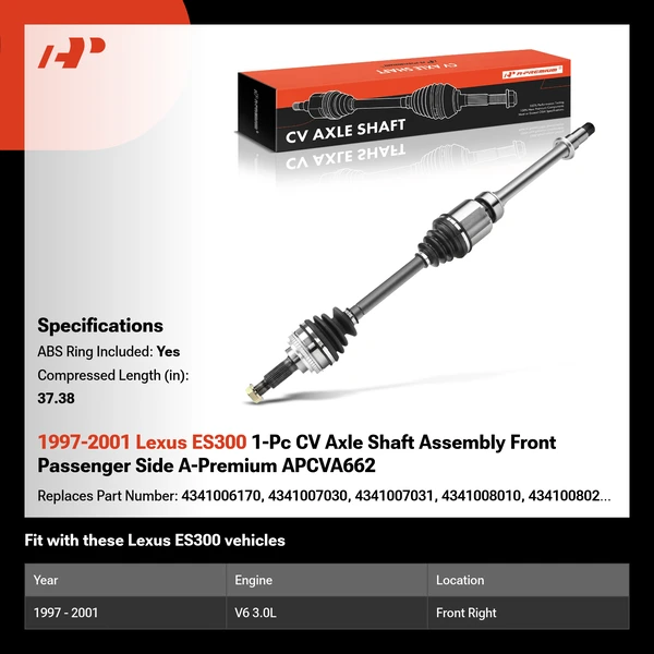 1997-2001 Lexus ES300 1-Pc CV Axle Shaft Assembly Front Passenger Side A-Premium APCVA662