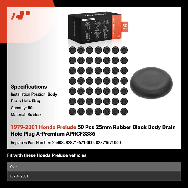 1979-2001 Honda Prelude 50 Pcs 25mm Rubber Black Body Drain Hole Plug A-Premium APRCF3386