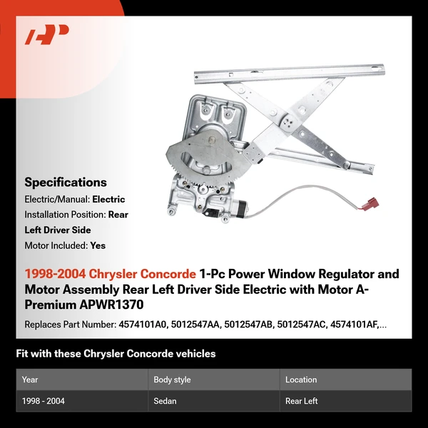 1998-2004 Chrysler Concorde 1-Pc Power Window Regulator and Motor Assembly Rear Left Driver Side Electric with Motor A-Premium APWR1370