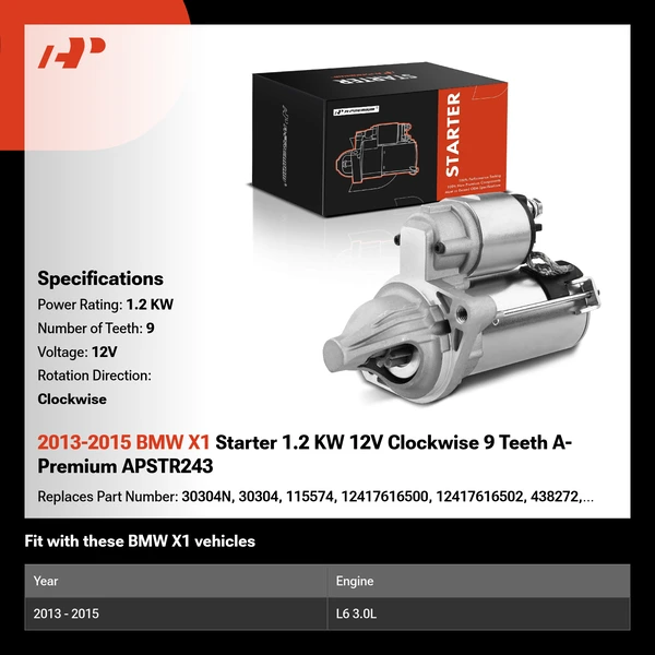 2013-2015 BMW X1 Starter 1.2 KW 12V Clockwise 9 Teeth A-Premium APSTR243