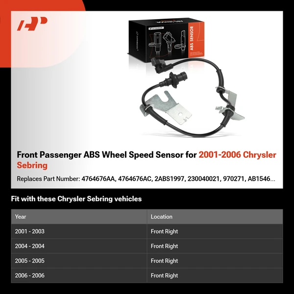 Front Passenger ABS Wheel Speed Sensor for 2001-2006 Chrysler Sebring