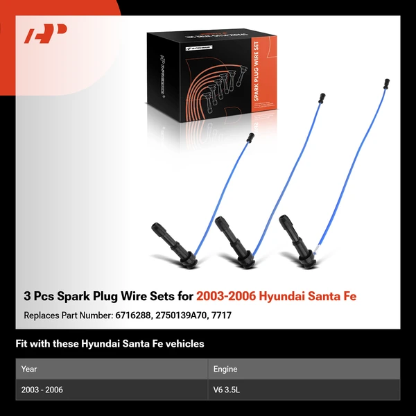 3 Pcs Spark Plug Wire Sets for 2003-2006 Hyundai Santa Fe