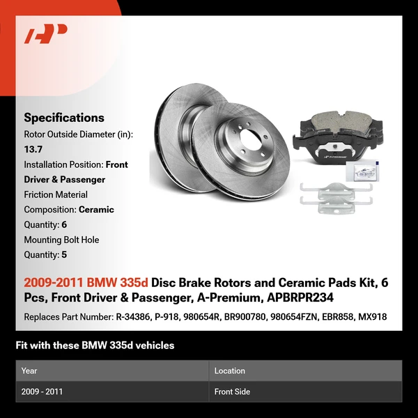 2009-2011 BMW 335d Disc Brake Rotors and Ceramic Pads Kit, 6 Pcs, Front Driver & Passenger, A-Premium, APBRPR234