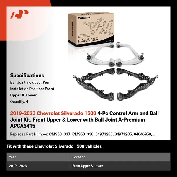 2019-2023 Chevrolet Silverado 1500 4-Pc Control Arm and Ball Joint Kit, Front Upper & Lower with Ball Joint A-Premium APCA6415