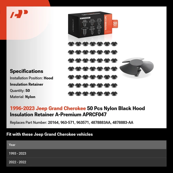 1996-2023 Jeep Grand Cherokee 50 Pcs Nylon Black Hood Insulation Retainer A-Premium APRCF047
